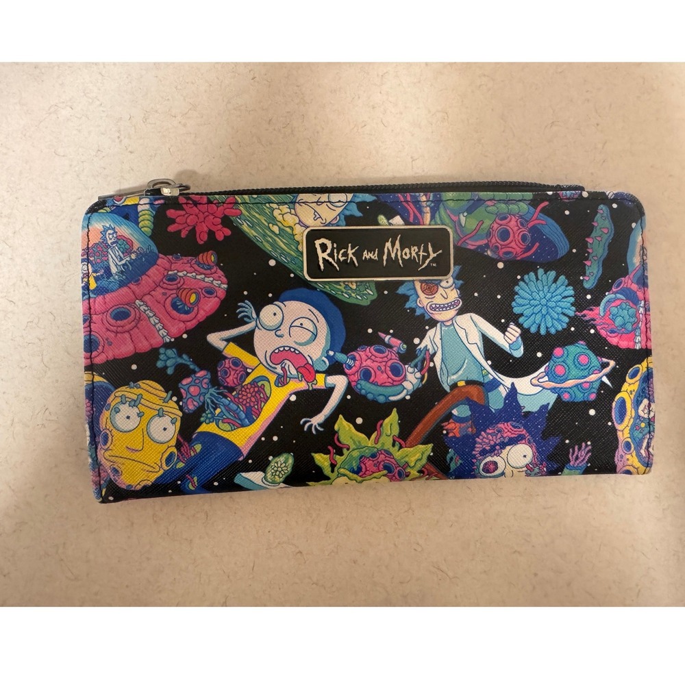 Rick and Morty All Over Print Bifold Clutch Wallet Black Multi Color Zipper NWOT